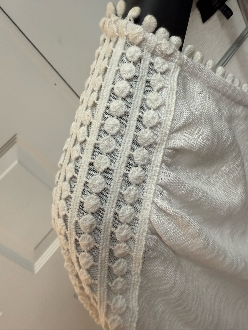Women’s White Short Sleeve Tee with Crochet Pom-Trim Accents - Picture 4 of 9